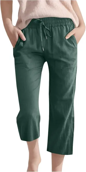 Capris Pants for Girls Summer Casual Loose Cotton Linen Straight Wide Leg Drawstring Elastic Waist Solid Cropped Pant