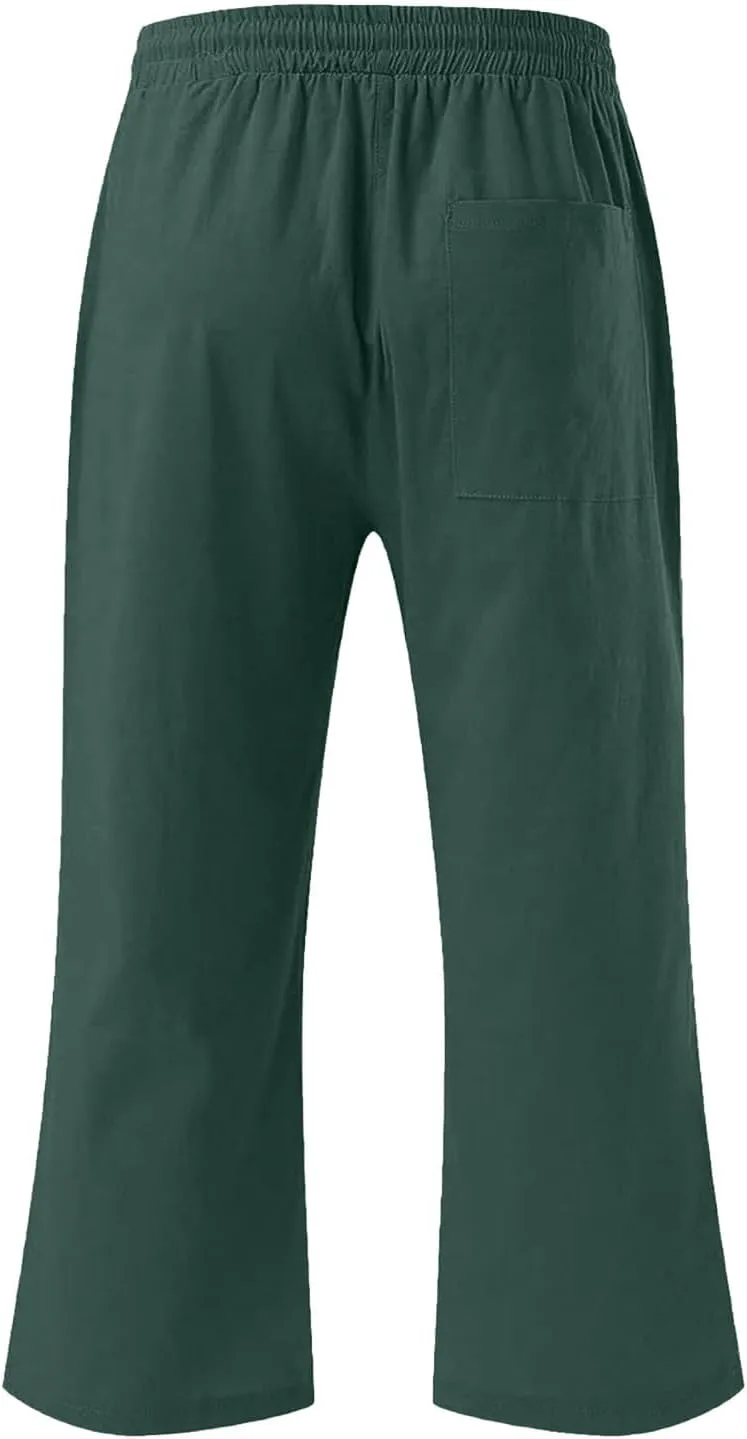 Capris Pants for Girls Summer Casual Loose Cotton Linen Straight Wide Leg Drawstring Elastic Waist Solid Cropped Pant