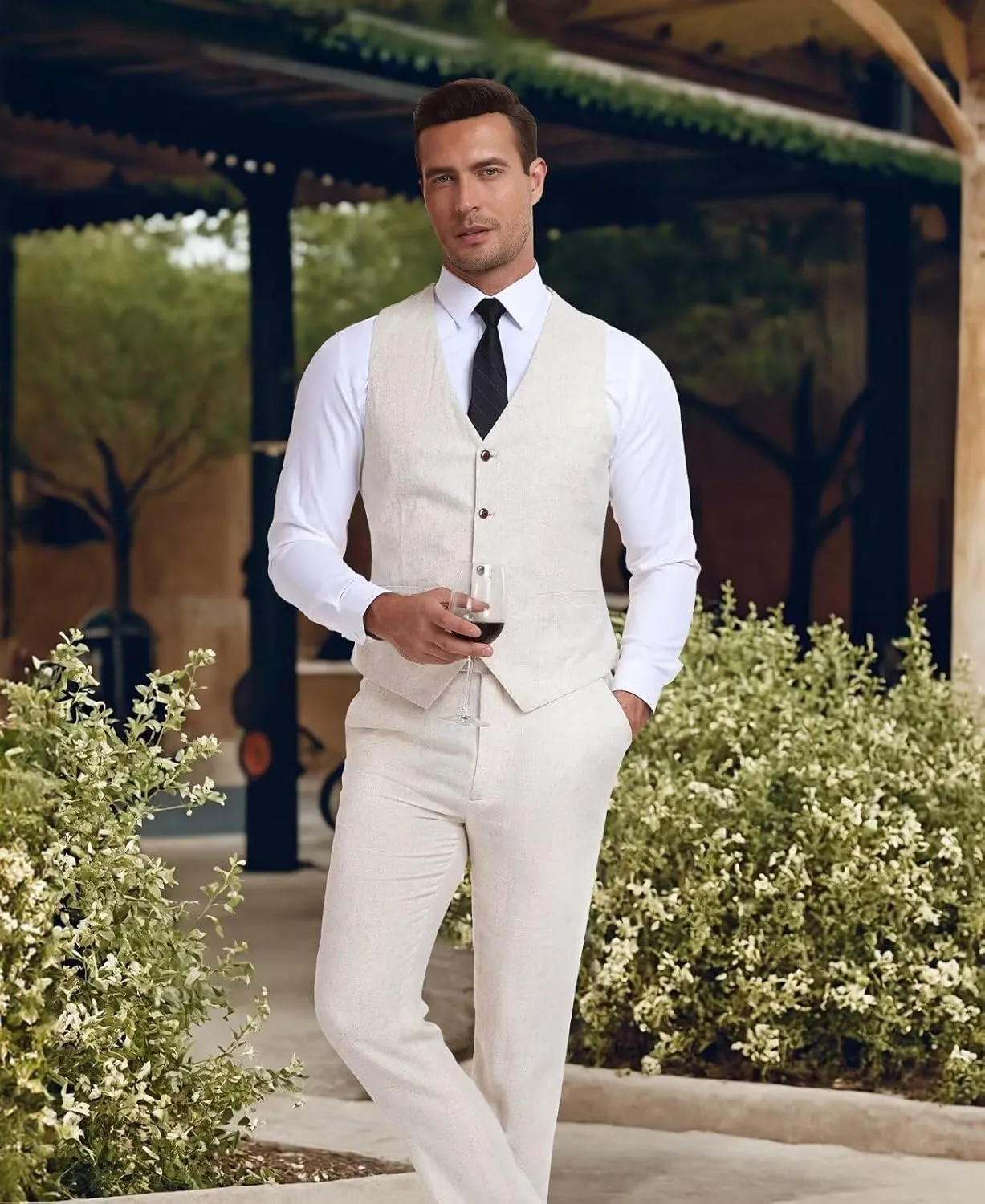 Casual Linen Beige Men's 2 Piece Suits Wedding Suits Slim Fit Groomsmen Tuxedos Prom Waistcoat Summer Linen Vest Pant
