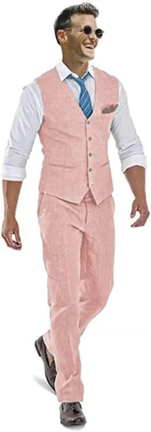 Casual Linen Beige Men's 2 Piece Suits Wedding Suits Slim Fit Groomsmen Tuxedos Prom Waistcoat Summer Linen Vest Pant