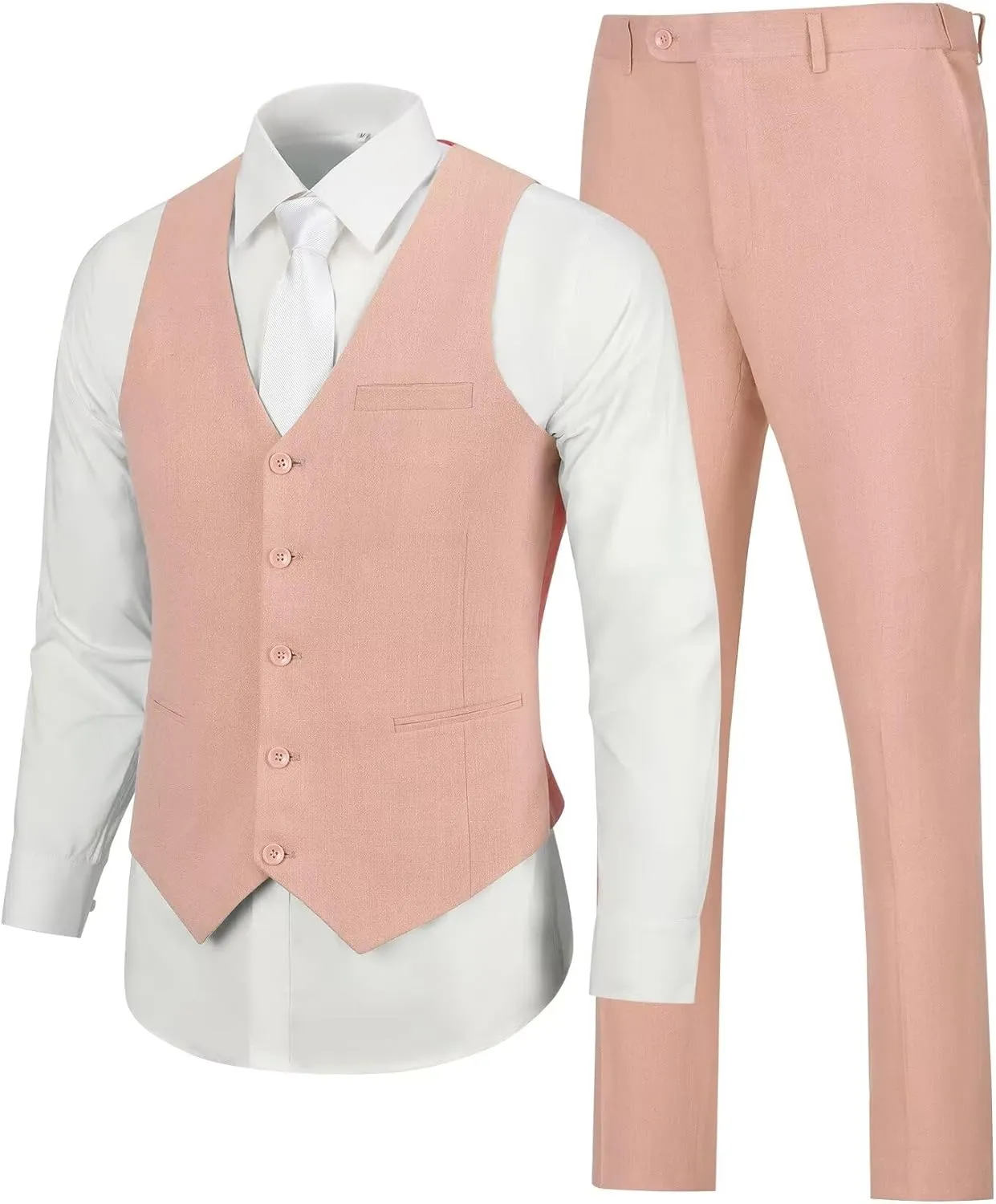 Casual Linen Beige Men's 2 Piece Suits Wedding Suits Slim Fit Groomsmen Tuxedos Prom Waistcoat Summer Linen Vest Pant