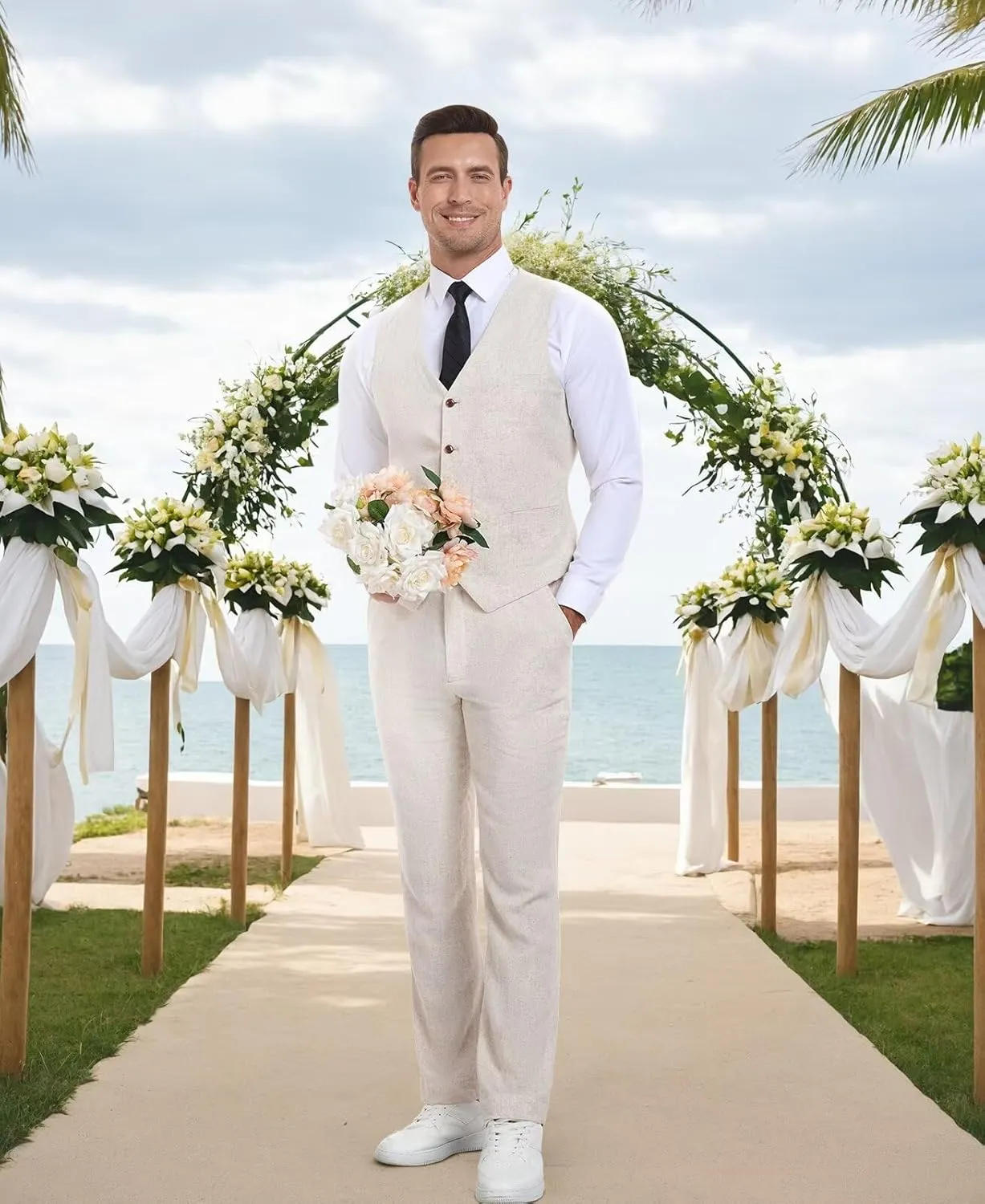 Casual Linen Beige Men's 2 Piece Suits Wedding Suits Slim Fit Groomsmen Tuxedos Prom Waistcoat Summer Linen Vest Pant