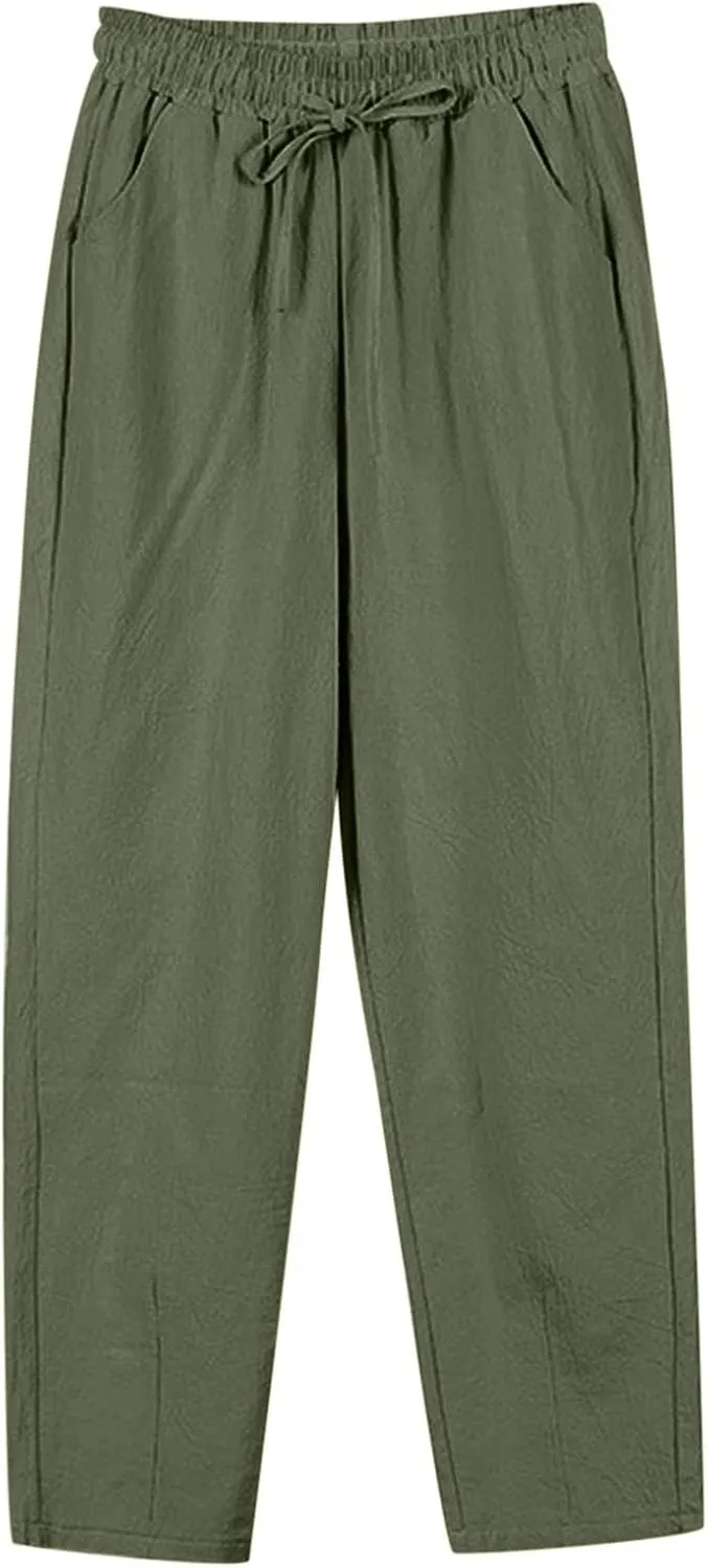 Casual Linen Pants for Women 2025 Summer Straight Leg Pant Drawstring High Waist Loose Comfy Cotton Beach Trousers