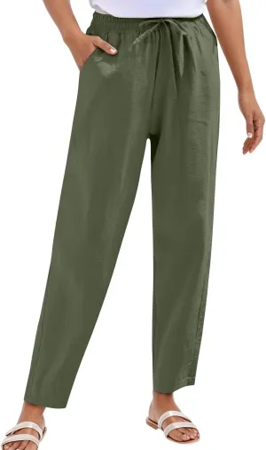 Casual Linen Pants for Women 2025 Summer Straight Leg Pant Drawstring High Waist Loose Comfy Cotton Beach Trousers