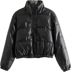 Casual Solid Color Simple Cotton-Padded Clothes Women's Winter Small Stand Collar Pu Jacket Coat