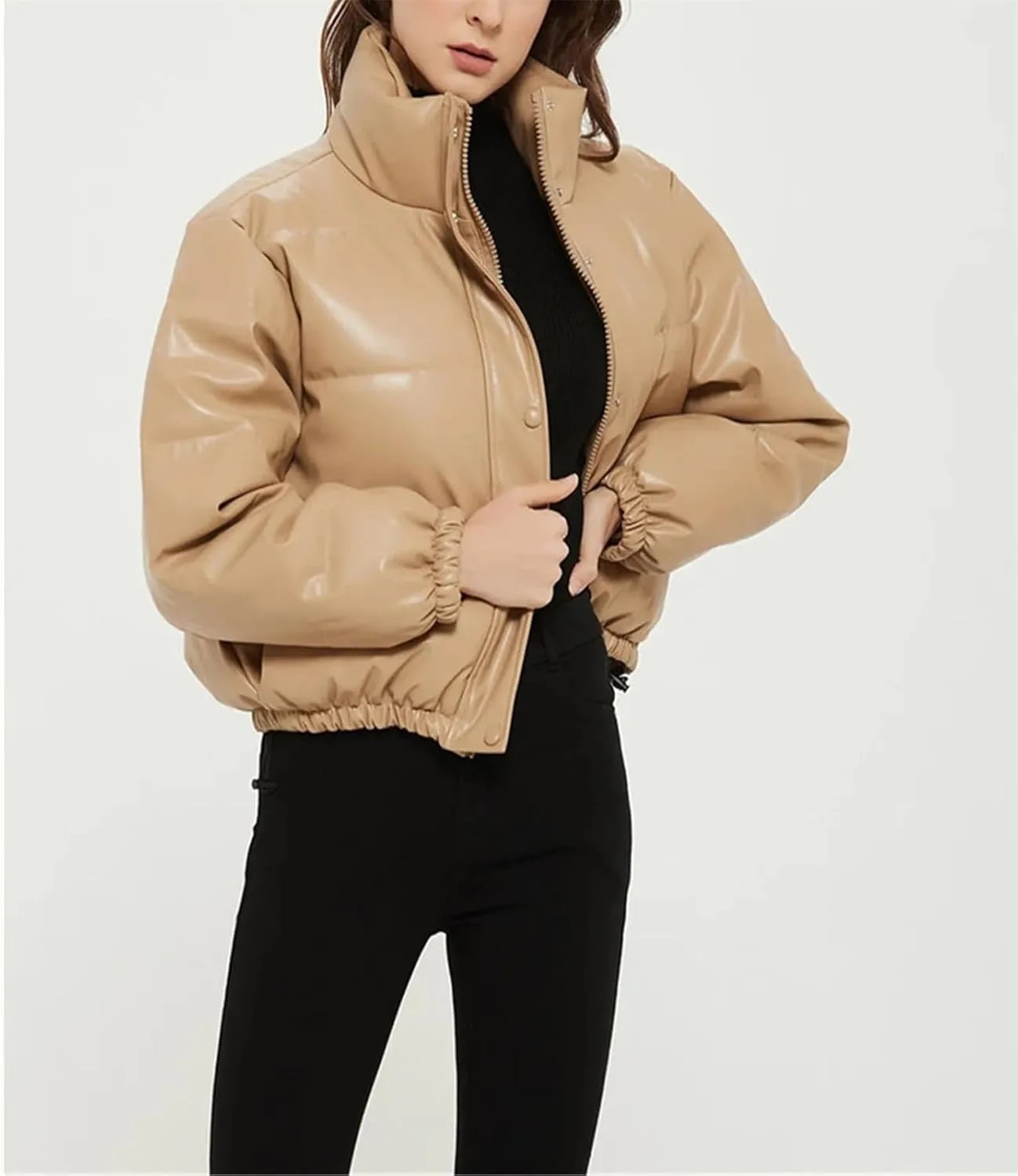 Casual Solid Color Simple Cotton-Padded Clothes Women's Winter Small Stand Collar Pu Jacket Coat