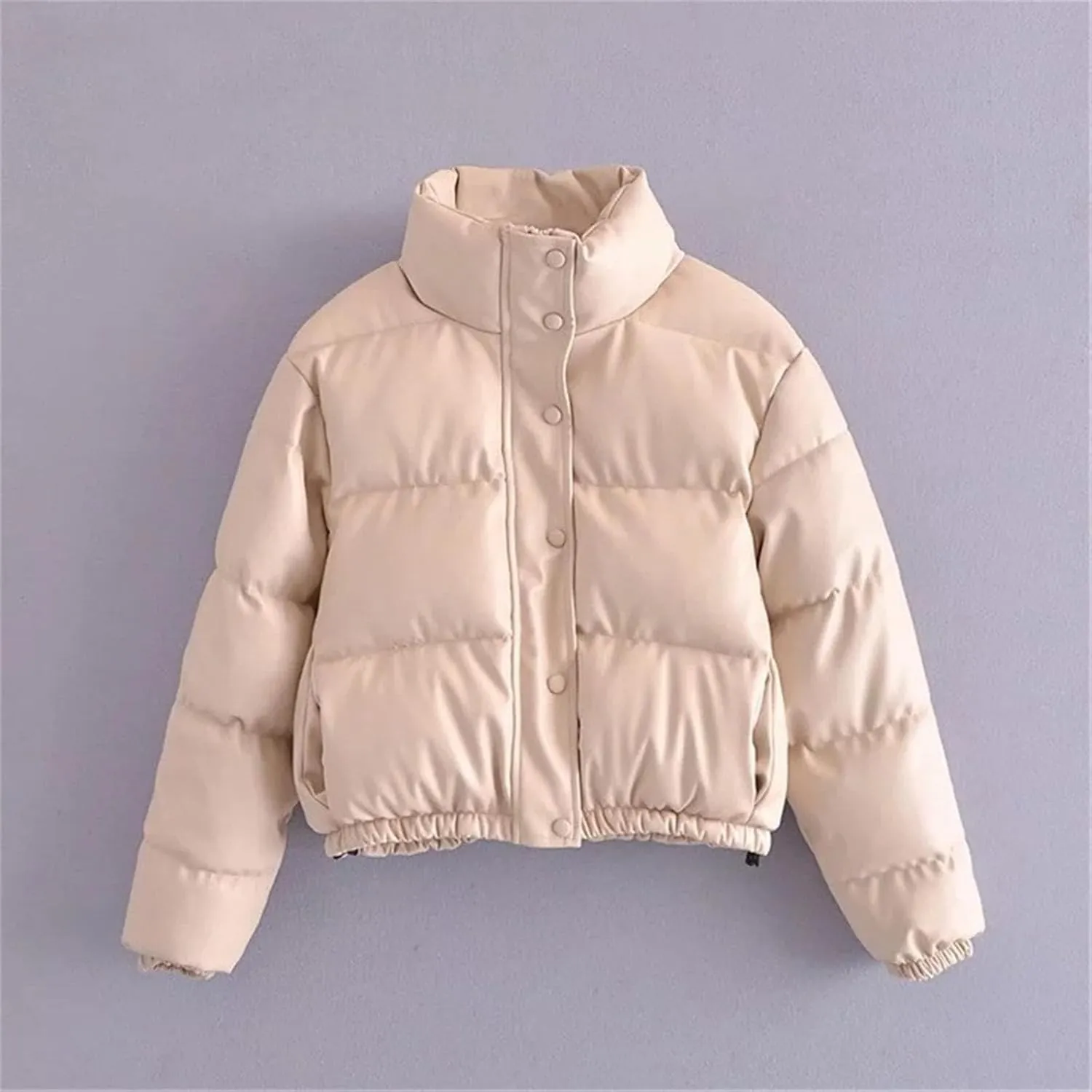 Casual Solid Color Simple Cotton-Padded Clothes Women's Winter Small Stand Collar Pu Jacket Coat