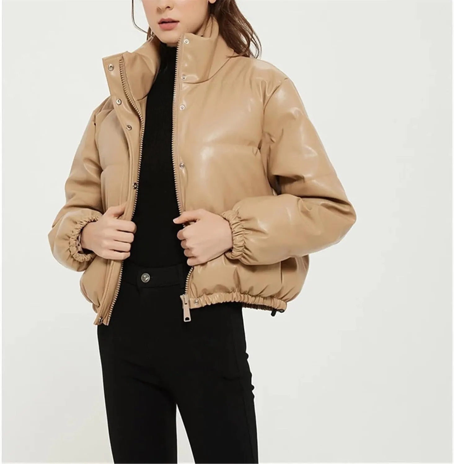 Casual Solid Color Simple Cotton-Padded Clothes Women's Winter Small Stand Collar Pu Jacket Coat