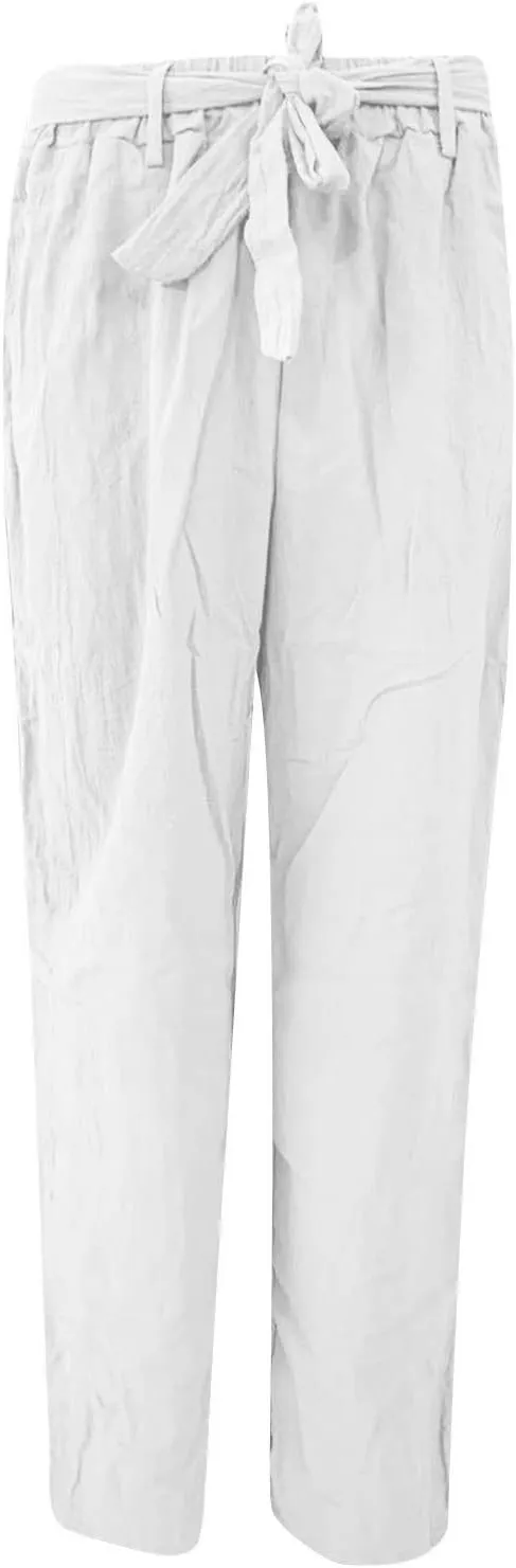 Ceboyel Women 2023 Linen Summer Beach Pants High Waist Flowy Pants Drawstring Travel Pants Loose Fitting Ladies Clothes