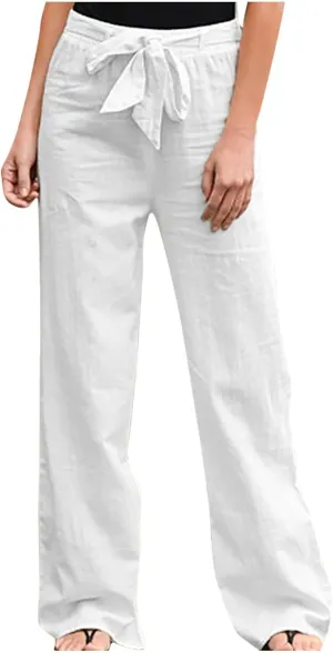 Ceboyel Women 2023 Linen Summer Beach Pants High Waist Flowy Pants Drawstring Travel Pants Loose Fitting Ladies Clothes