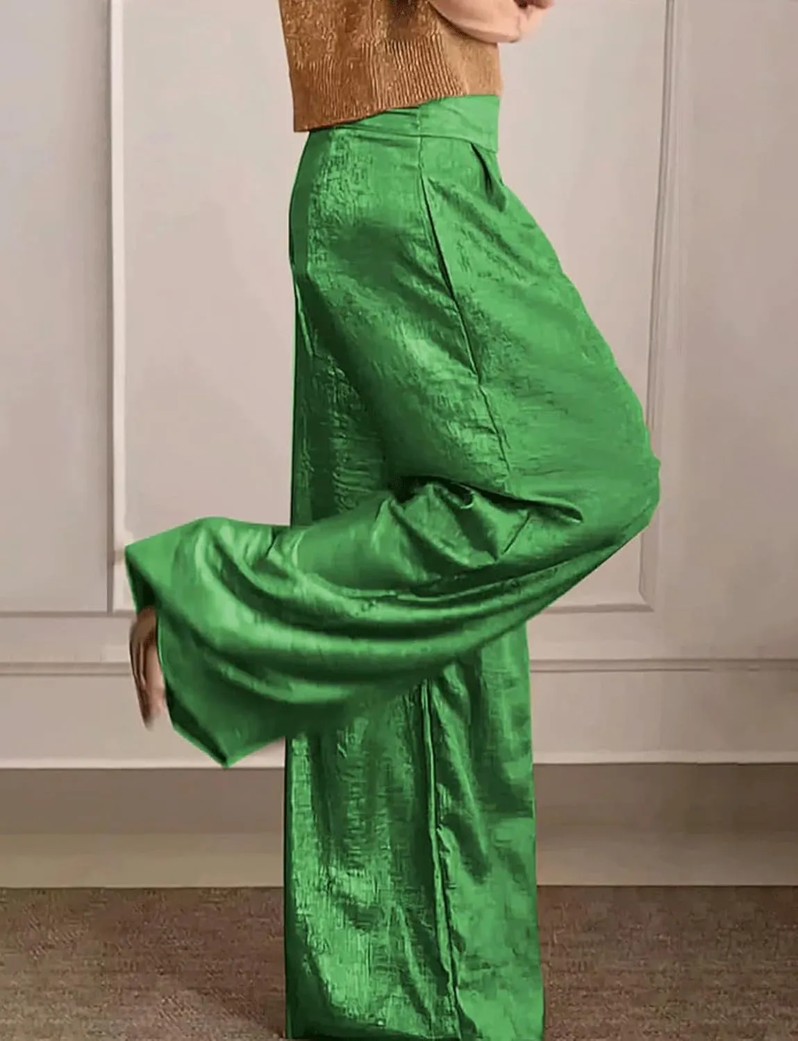 CHARTOU Women's Wide Leg Pants High Waist Straight Long Pant Metallic Patchwork Lounge Trousers with Pockets