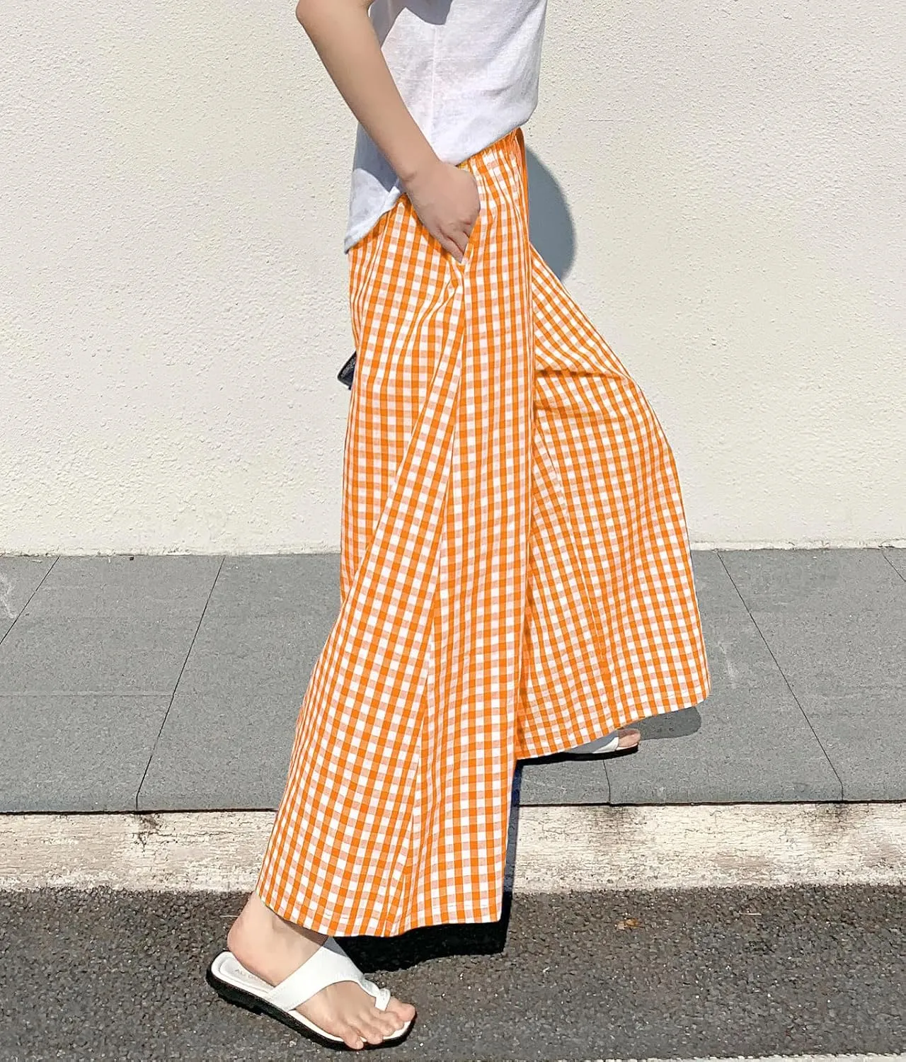 chouyatou Women's Plaid Wide Leg Culotte Pants Gingham High Elastic Waisted Cropped Palazzo Pants with Pockets