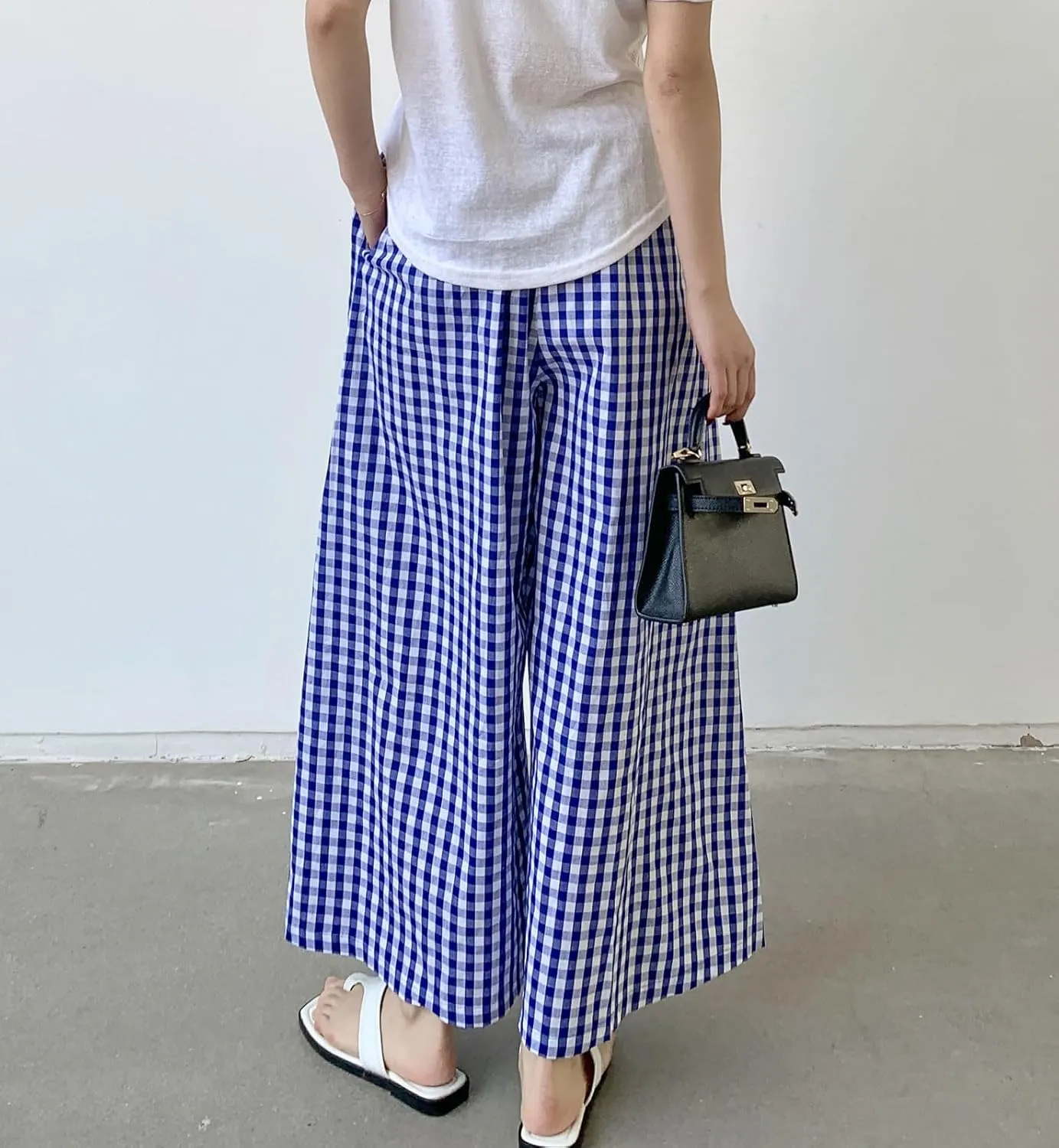 chouyatou Women's Plaid Wide Leg Culotte Pants Gingham High Elastic Waisted Cropped Palazzo Pants with Pockets