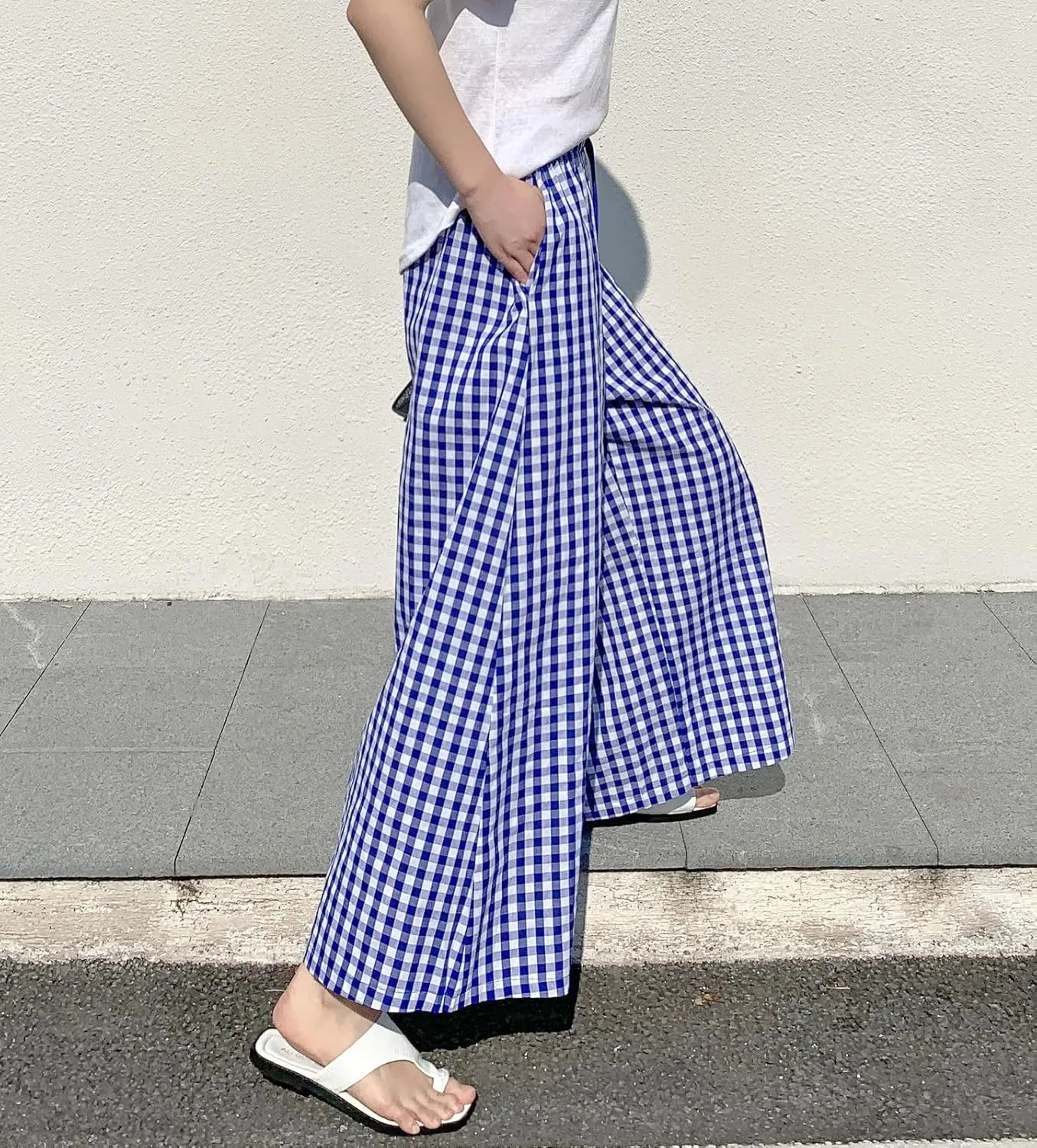 chouyatou Women's Plaid Wide Leg Culotte Pants Gingham High Elastic Waisted Cropped Palazzo Pants with Pockets
