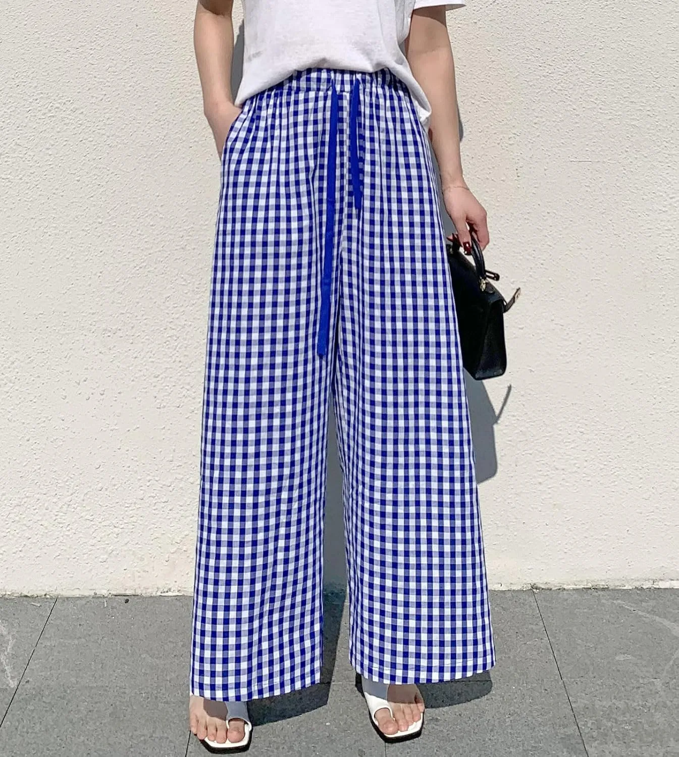 chouyatou Women's Plaid Wide Leg Culotte Pants Gingham High Elastic Waisted Cropped Palazzo Pants with Pockets