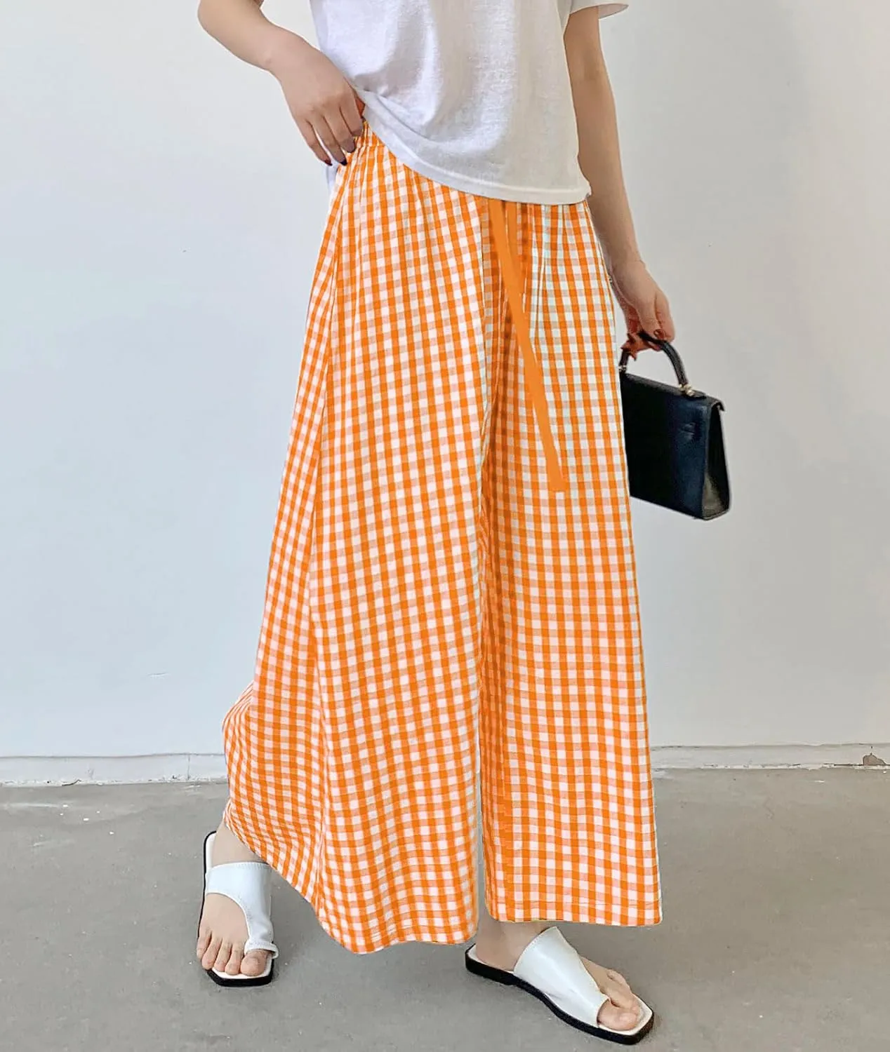 chouyatou Women's Plaid Wide Leg Culotte Pants Gingham High Elastic Waisted Cropped Palazzo Pants with Pockets