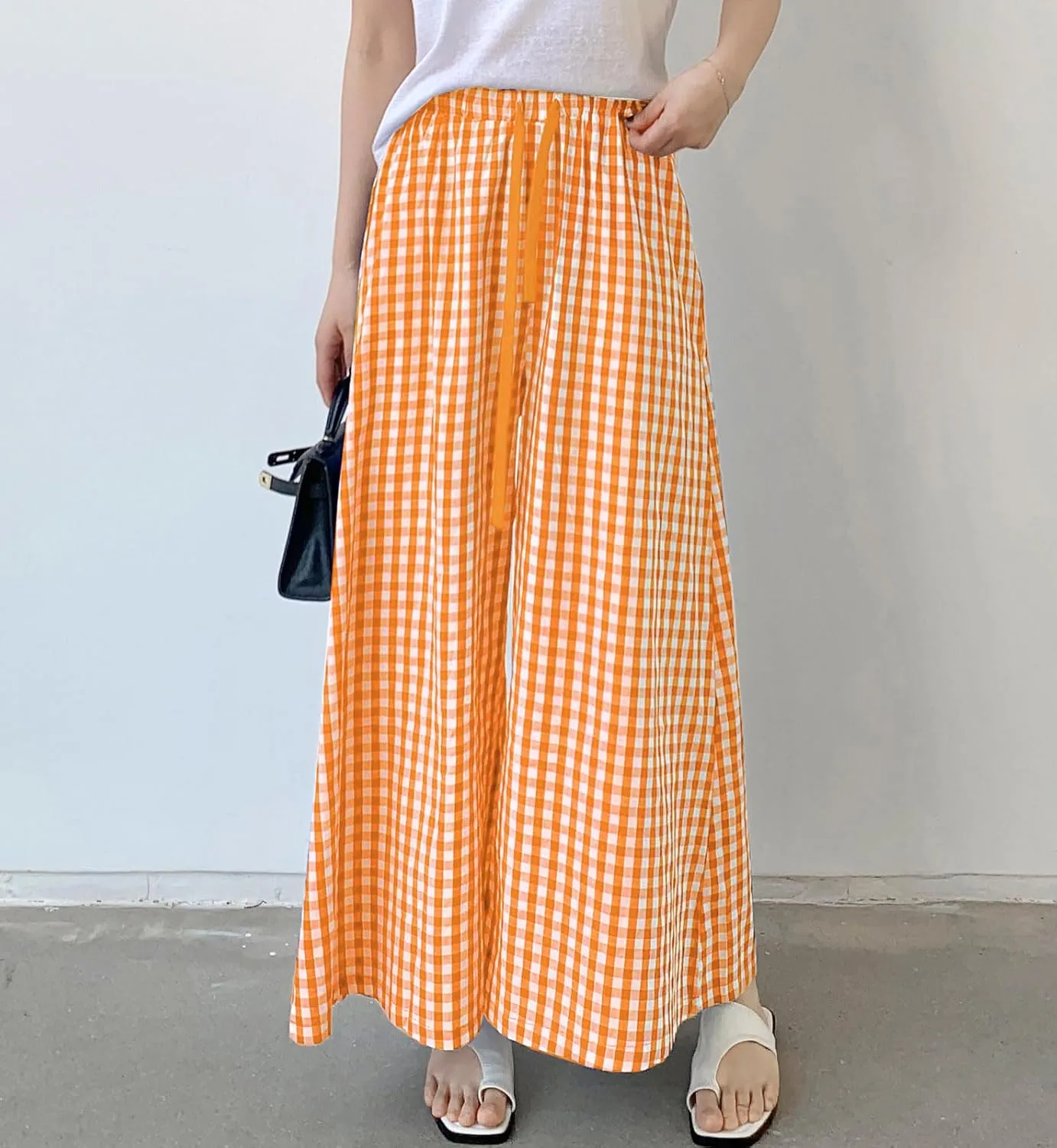 chouyatou Women's Plaid Wide Leg Culotte Pants Gingham High Elastic Waisted Cropped Palazzo Pants with Pockets