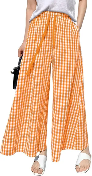 chouyatou Women's Plaid Wide Leg Culotte Pants Gingham High Elastic Waisted Cropped Palazzo Pants with Pockets