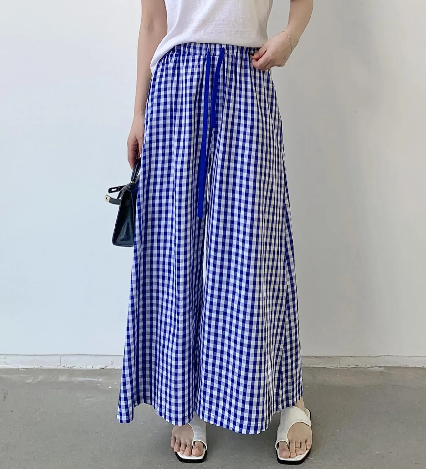 chouyatou Women's Plaid Wide Leg Culotte Pants Gingham High Elastic Waisted Cropped Palazzo Pants with Pockets