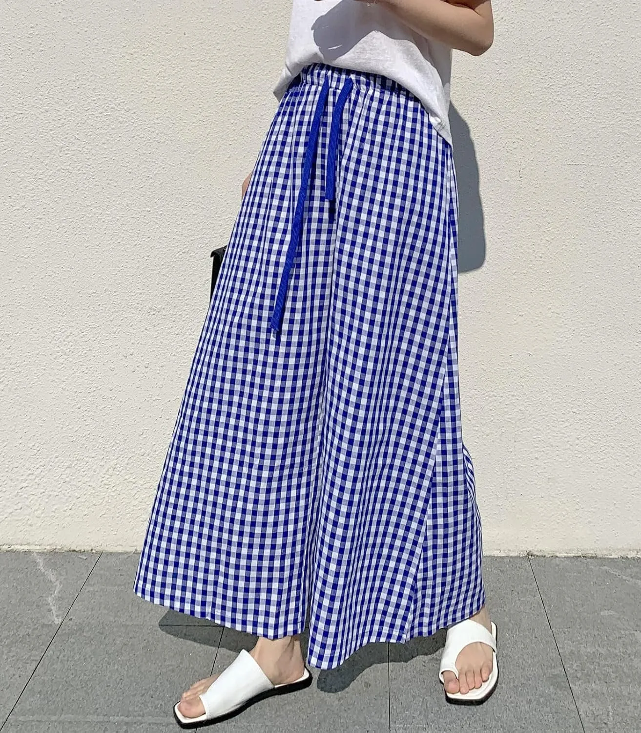 chouyatou Women's Plaid Wide Leg Culotte Pants Gingham High Elastic Waisted Cropped Palazzo Pants with Pockets