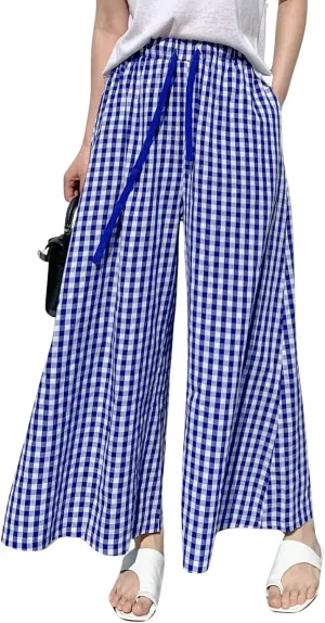chouyatou Women's Plaid Wide Leg Culotte Pants Gingham High Elastic Waisted Cropped Palazzo Pants with Pockets