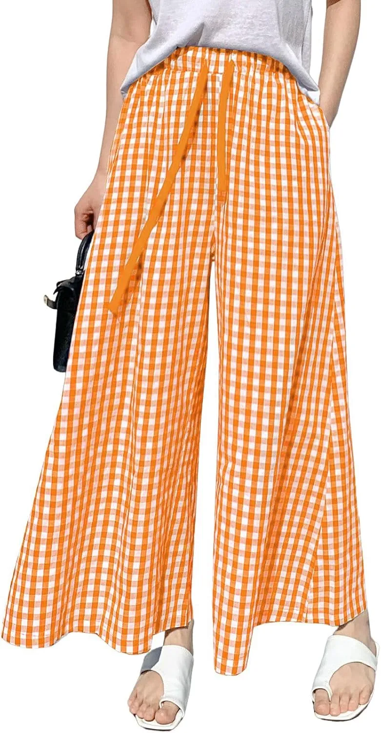 chouyatou Women's Plaid Wide Leg Culotte Pants Gingham High Elastic Waisted Cropped Palazzo Pants with Pockets