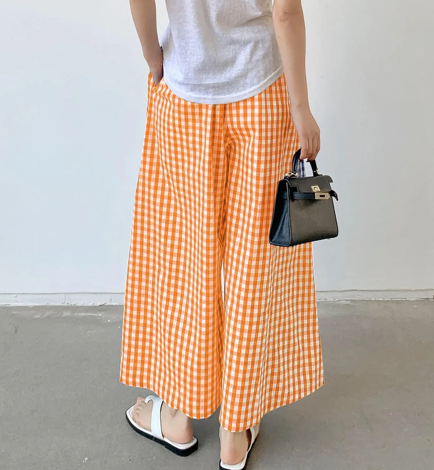 chouyatou Women's Plaid Wide Leg Culotte Pants Gingham High Elastic Waisted Cropped Palazzo Pants with Pockets