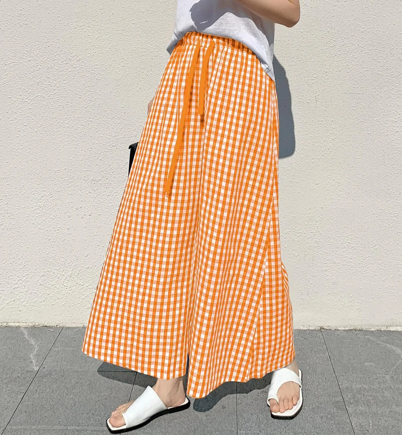 chouyatou Women's Plaid Wide Leg Culotte Pants Gingham High Elastic Waisted Cropped Palazzo Pants with Pockets