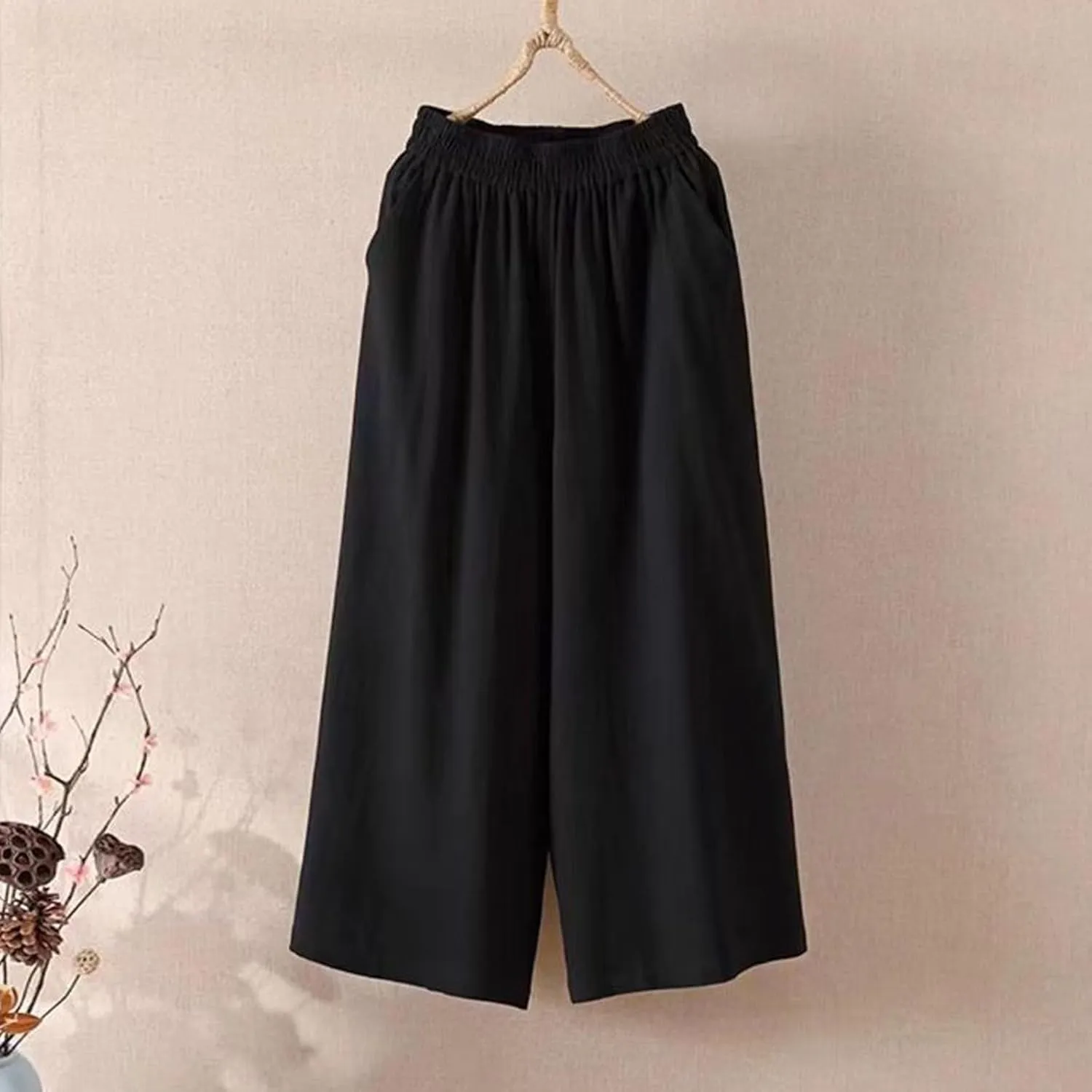 Cotton Linen Capri Pants for Women Casual Summer Capris Elastic High Waist Pants Wide Leg Cropped Trousers