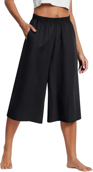 Cotton Linen Capri Pants for Women Casual Summer Capris Elastic High Waist Pants Wide Leg Cropped Trousers