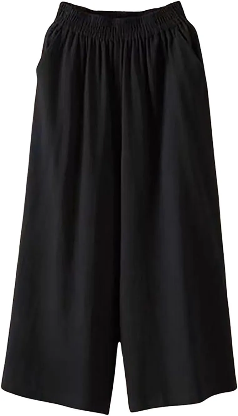 Cotton Linen Capri Pants for Women Casual Summer Capris Elastic High Waist Pants Wide Leg Cropped Trousers