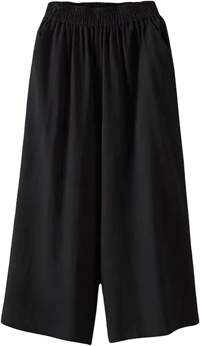 Cotton Linen Capri Pants for Women Casual Summer Capris Elastic High Waist Pants Wide Leg Cropped Trousers