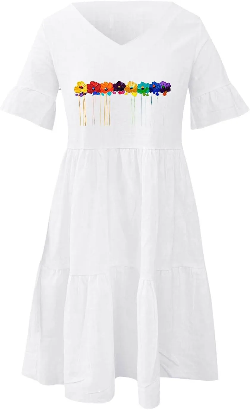 Cotton Linen Maxi Dress for Women Summer Casual Ruffle Flowy Sleeve Boho Dresses Plus Size Beach Mini Dress Loose Dress