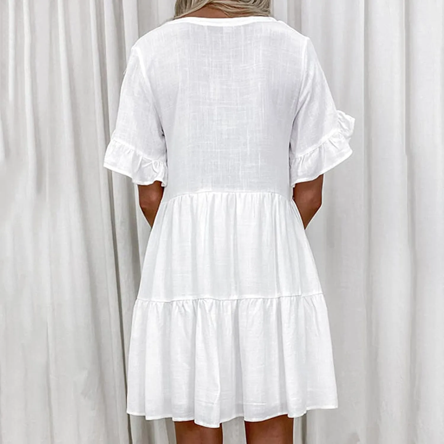 Cotton Linen Maxi Dress for Women Summer Casual Ruffle Flowy Sleeve Boho Dresses Plus Size Beach Mini Dress Loose Dress
