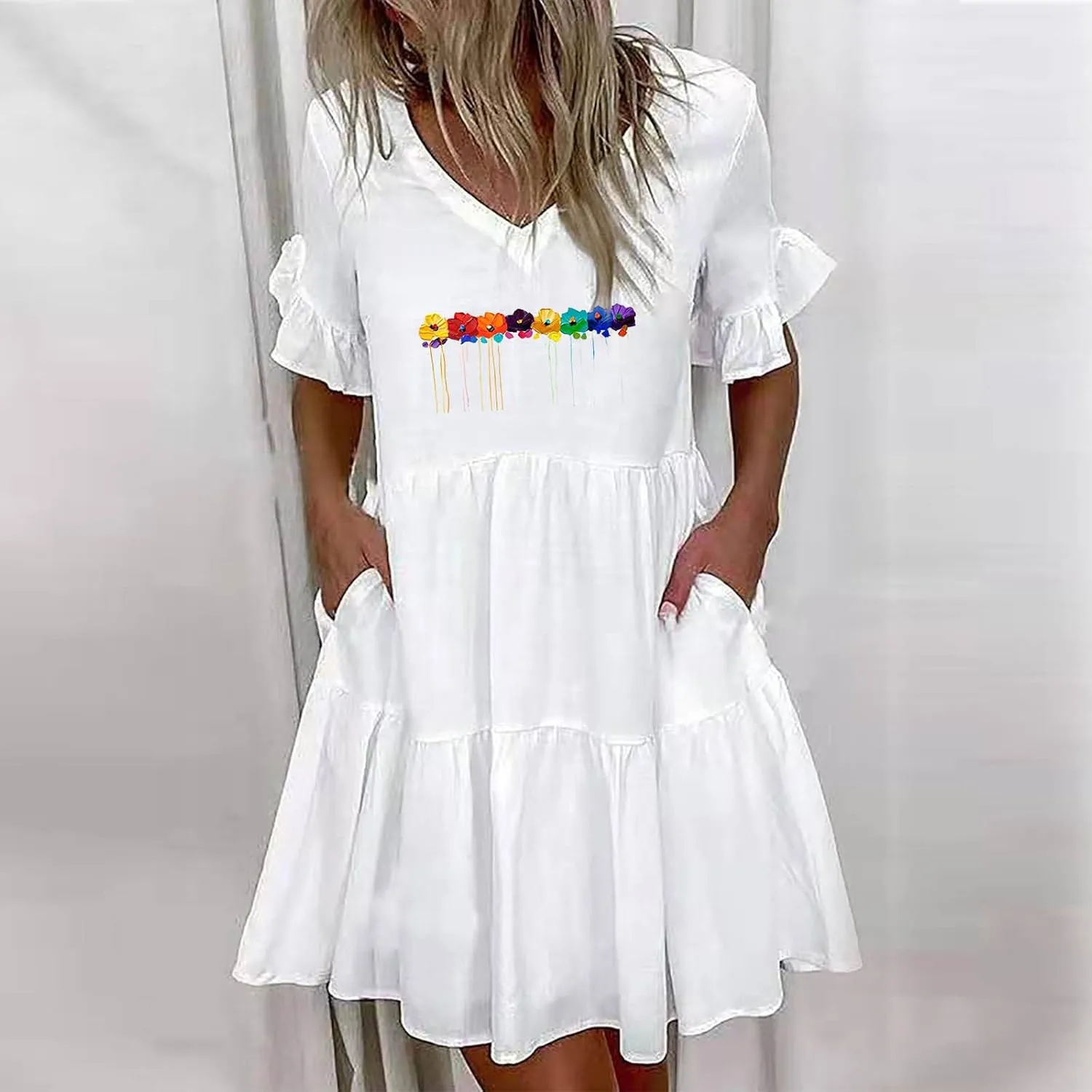 Cotton Linen Maxi Dress for Women Summer Casual Ruffle Flowy Sleeve Boho Dresses Plus Size Beach Mini Dress Loose Dress