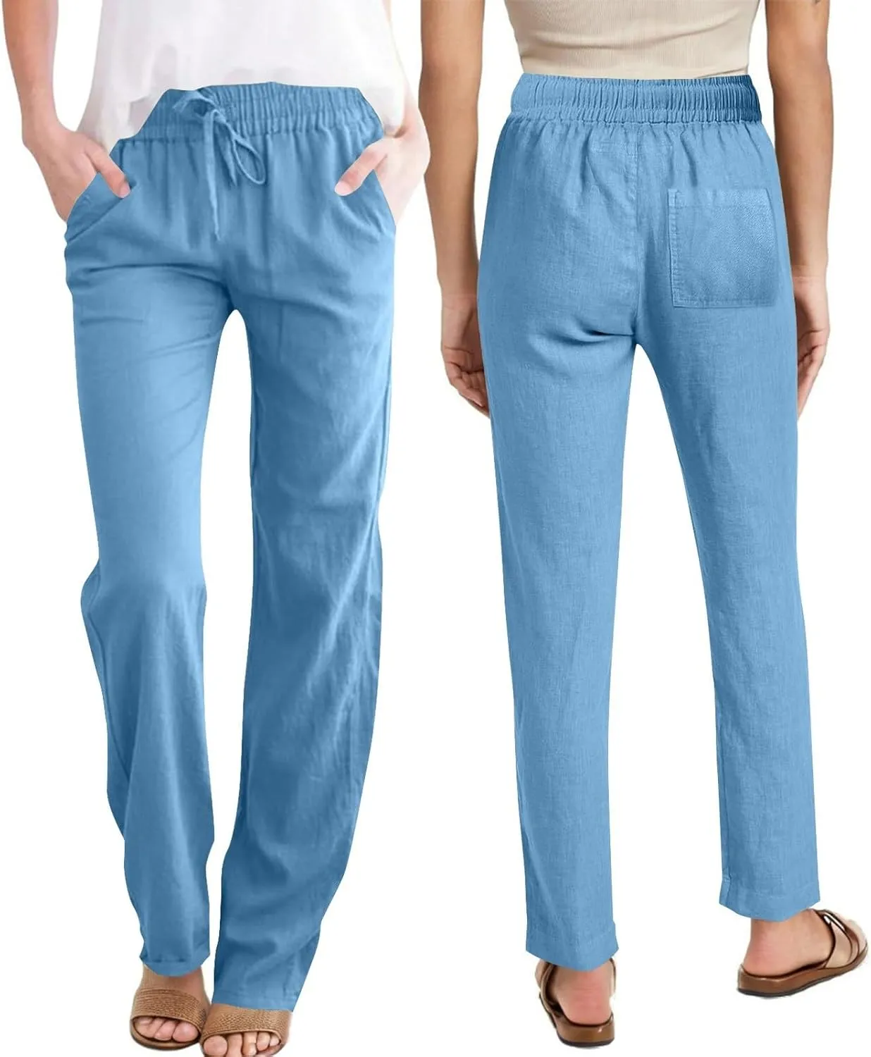 Cotton Linen Pants for Women Loose Fit Drawstring Elastic High Waist Casual Trouser Solid Lounge Pants with Pockets