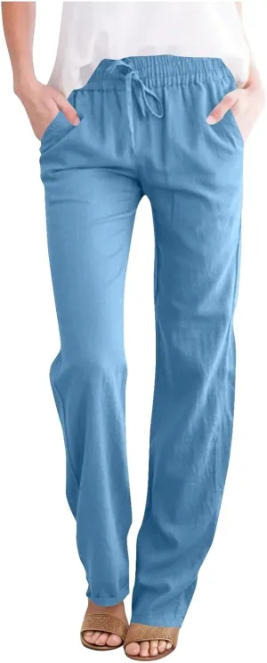 Cotton Linen Pants for Women Loose Fit Drawstring Elastic High Waist Casual Trouser Solid Lounge Pants with Pockets