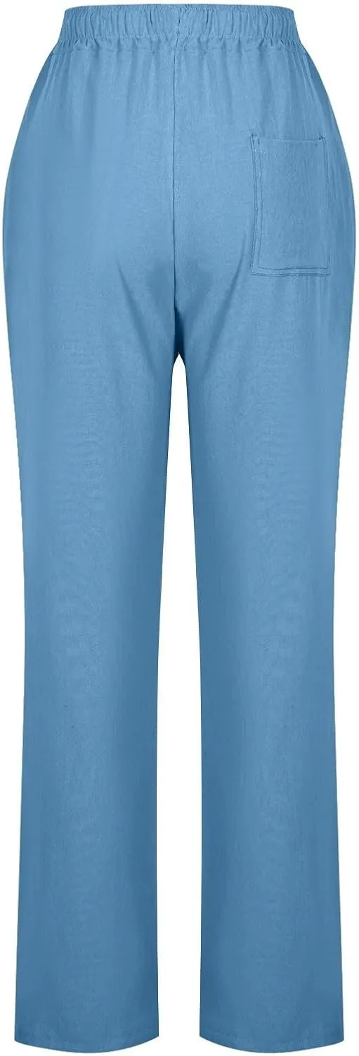 Cotton Linen Pants for Women Loose Fit Drawstring Elastic High Waist Casual Trouser Solid Lounge Pants with Pockets