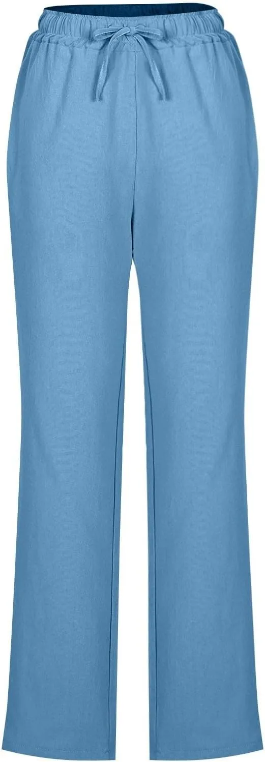 Cotton Linen Pants for Women Loose Fit Drawstring Elastic High Waist Casual Trouser Solid Lounge Pants with Pockets