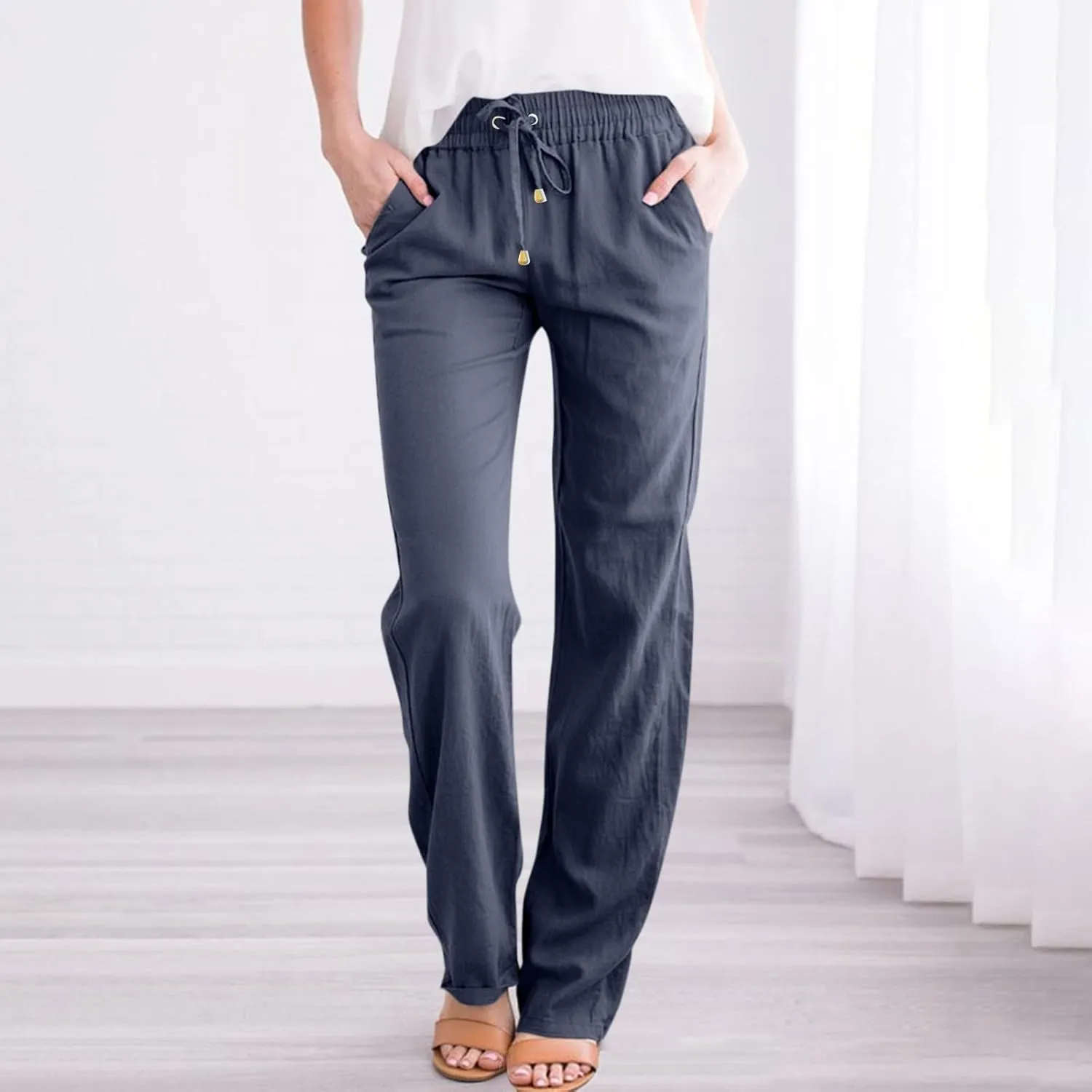 Cotton Linen Pants for Women Straight Leg Drawstring Long Trouser Loose Fit High Waist Beach Pants with Pockets