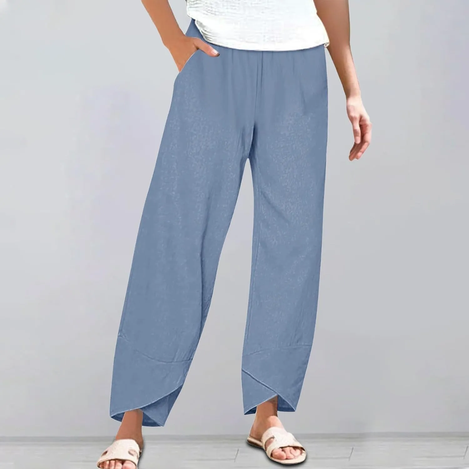 Cotton Linen Pants for Women Summer Plus Size Boho Pants Lightweight Hight Waist Vacation Beach Trousers with Pockets