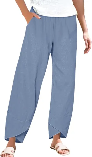 Cotton Linen Pants for Women Summer Plus Size Boho Pants Lightweight Hight Waist Vacation Beach Trousers with Pockets