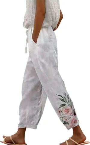 Cotton Linen Pants Women, Cotton Cover Up, Cropped High Waisted Elastic Waist Dressy Trousers Casual Loose Summer Beach Lounge Long Trousers Pantalones De Lino Yellow Small
