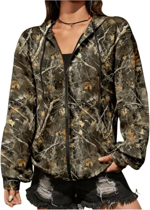 COZYEASE Women's Oversized Camo Zip Up Hoodie Long Sleeve Drawstring Sweatshirt Vintage Tops