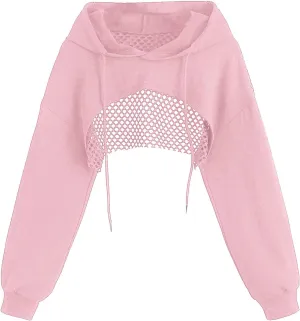 COZYEASE Women's Sports Cropped Sweatshirt Hollow Out Crop Tops Drop Shoulder Drawstring Pullover Cropped Hoodie