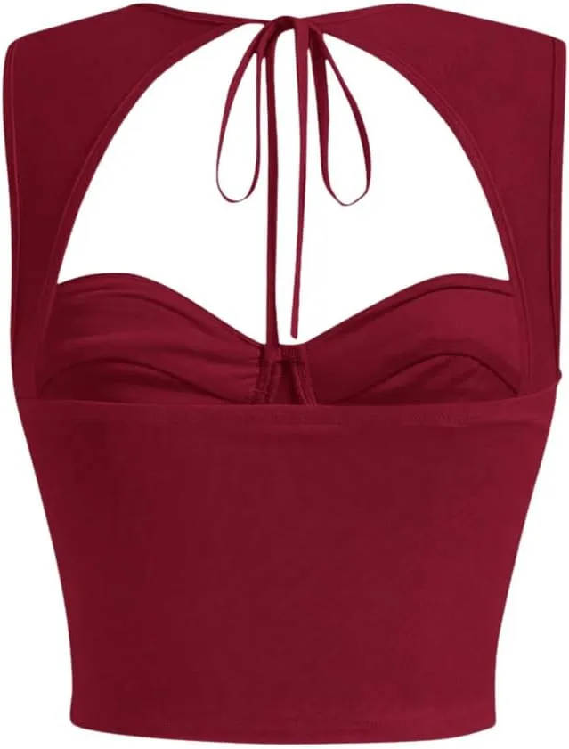 COZYEASE Women's Tie Back Sweetheart Neck Ruched Crop Tank Top Sleeveless Bustier Tops
