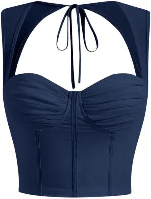 COZYEASE Women's Tie Back Sweetheart Neck Ruched Crop Tank Top Sleeveless Bustier Tops