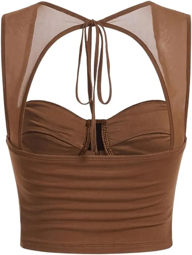 COZYEASE Women's Tie Back Sweetheart Neck Ruched Crop Tank Top Sleeveless Bustier Tops