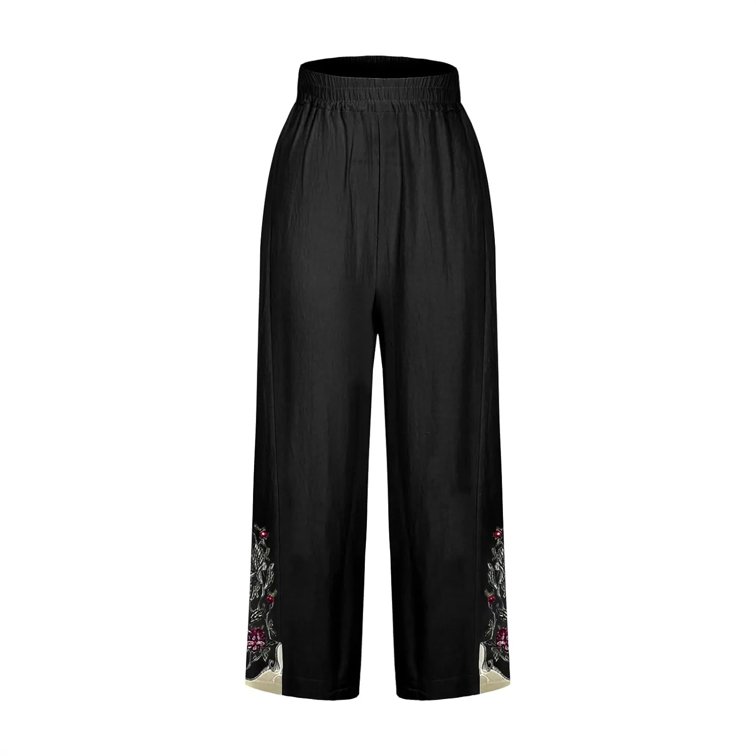 Cropped Linen Pants for Women High Waist Vintage Floral Embroidered Trousers Wide Leg Flowy Palazzo Pants with Pockets