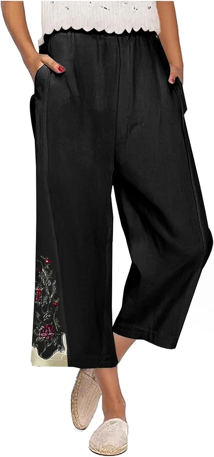 Cropped Linen Pants for Women High Waist Vintage Floral Embroidered Trousers Wide Leg Flowy Palazzo Pants with Pockets
